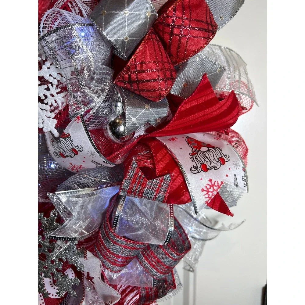Handmade Christmas Reindeer Gnome Holiday Ribbon Door Wreath 26 ins LED XLW4
